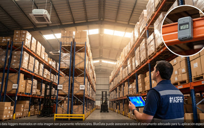 Supervisor de una bodega alta observa las estanterías superiores con una tableta que muestra un mapa térmico, y un data logger instalado en el rack más alto marca 27,3 °C