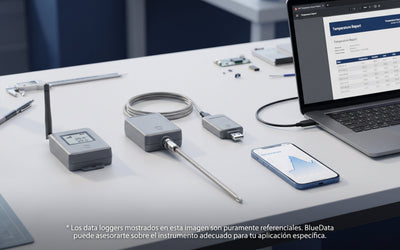 Tres data loggers sobre un mesón técnico, uno con antena celular, uno con sonda de acero inoxidable y uno conectado por USB a un computador con un informe PDF