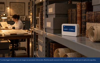 Data logger de temperatura y humedad sobre una repisa del depósito de un archivo histórico, junto a cajas de conservación y libros antiguos.