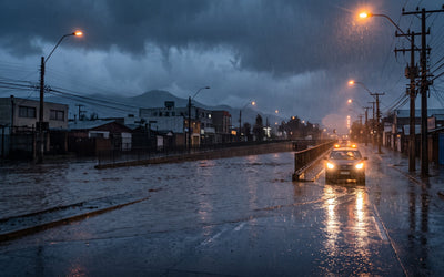 Paso bajo nivel inundado en una ciudad chilena durante una lluvia intensa de invierno, al atardecer
