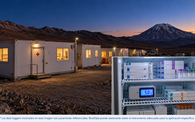 Campamento minero en el altiplano chileno al atardecer, con un módulo de policlínico y un data logger dentro del refrigerador de medicamentos